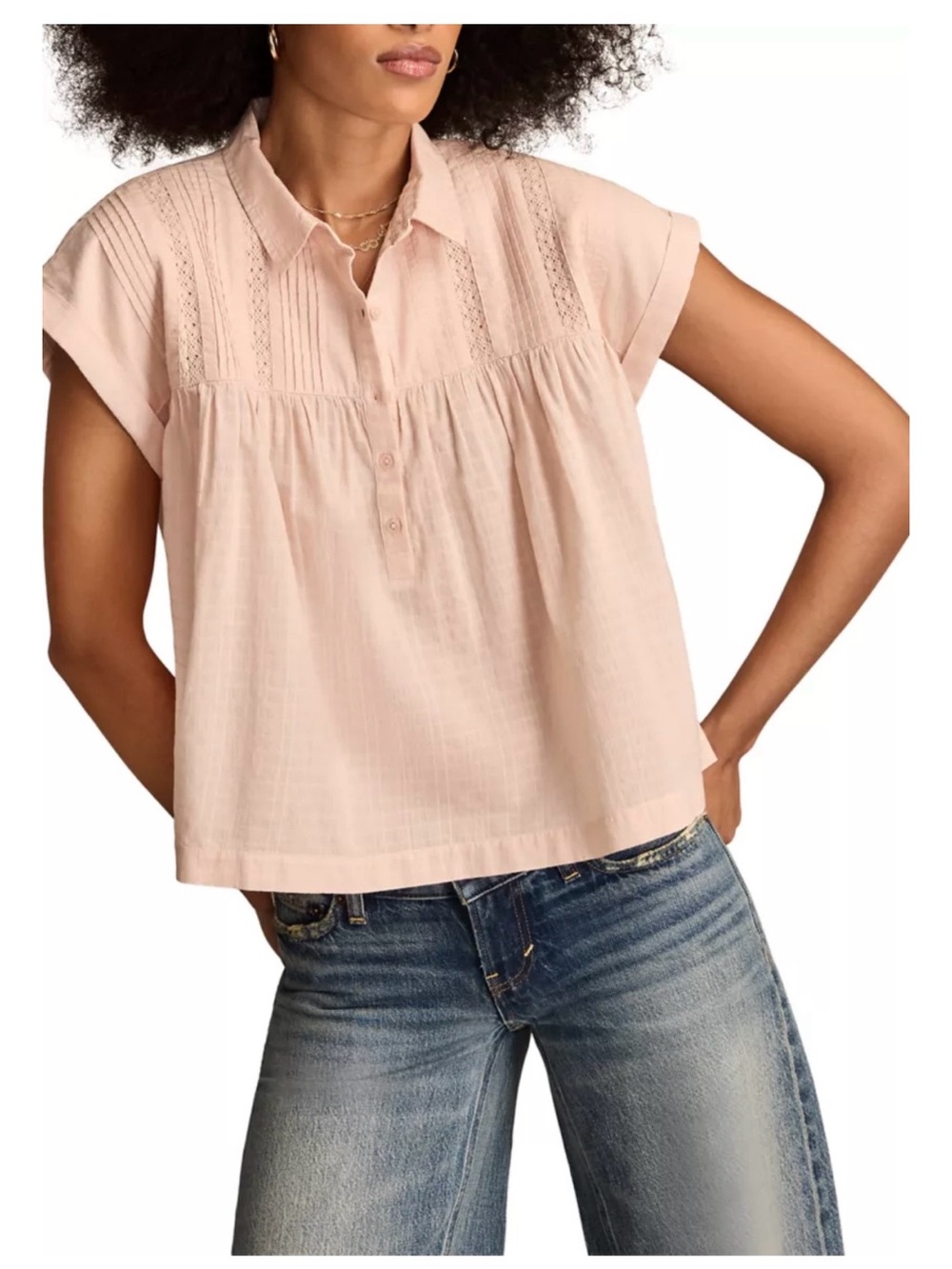 Lucky Brand Pale Pink Cotton Button-Front Peasant Blouse